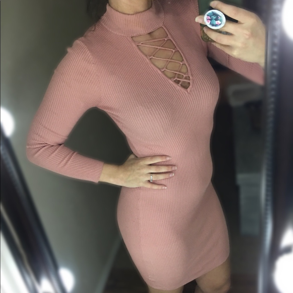 Retro Form Fitting Lace Up V Neck Ribbed Dress